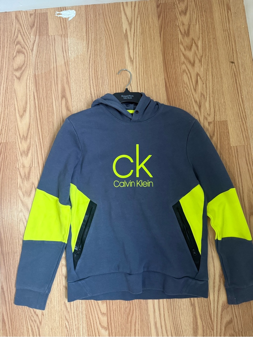 Calvin Klein Men's Charcoal Crewneck Hoodie with Neon Yellow Accents